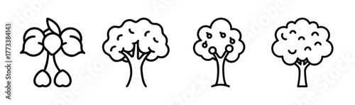 Charming hand-drawn sketch of four delightful trees and cherry blossoms