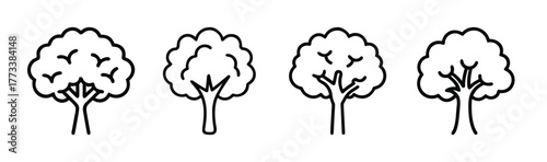 Four sketched beech trees in a row with textured foliage and distinct branches simple woodland design