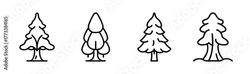 Four stylized cypress trees collection simple outline nature graphics