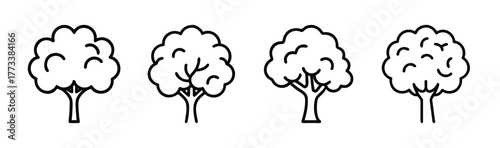 Four hand-drawn cottonwood tree icons with textured foliage and sturdy trunks