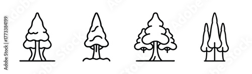 Four stylized coniferous trees depicted in a simple line art style on white