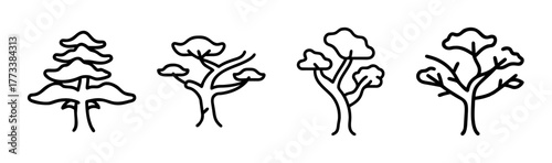 Four distinct stylized trees simple line art minimalist natural elements outdoor growth woodland