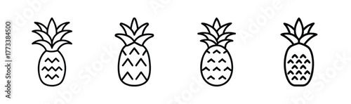 Four simple outline pineapples isolated tropical fruit graphics pattern