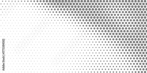 Hexagon halftone gradient texture. Abstract black grunge background. Geometric retro halftone tech overlay. Fading wavy hexagonal pattern backdrop.