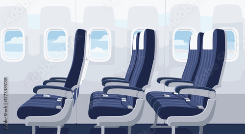 Empty blue airplane seats with white headrests and grey armrests inside a modern aircraft cabin, seen through windows revealing a bright sky and fluffy white clouds.