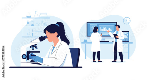 Scientists in a modern laboratory conducting diverse research, from microscopic analysis to advanced data interpretation and collaborative discussions.