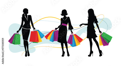 Three stylish women silhouettes enjoying a shopping spree, carrying numerous colorful bags against a modern abstract background.