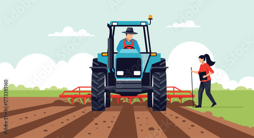 A farmer operates a tractor to plow a field as an agricultural researcher observes and records data, illustrating modern farming practices and scientific agricultural management.