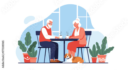 A happy elderly couple enjoys a relaxed coffee date together at a cafe or home, sharing a warm moment with their loyal pet dog lying comfortably at their feet.