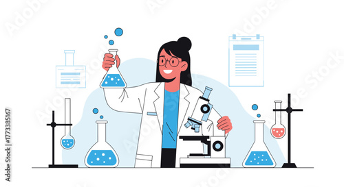 A happy female scientist wearing glasses and a lab coat conducts an experiment, holding a chemical flask with blue liquid, surrounded by various laboratory equipment.