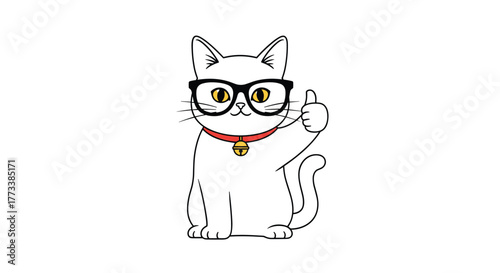 A smart white cartoon cat, adorned with black glasses and a red collar featuring a golden bell, sits upright and confidently presents a thumbs-up, conveying approval.