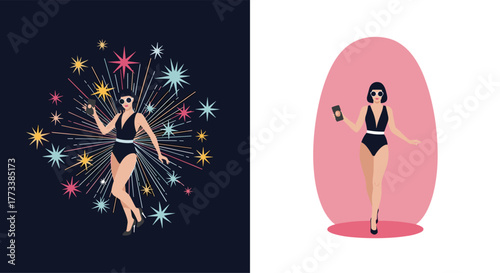 A trendy woman in a black swimsuit and sunglasses takes a selfie, celebrating a vibrant summer night with colorful fireworks, or posing stylishly against a pink background.