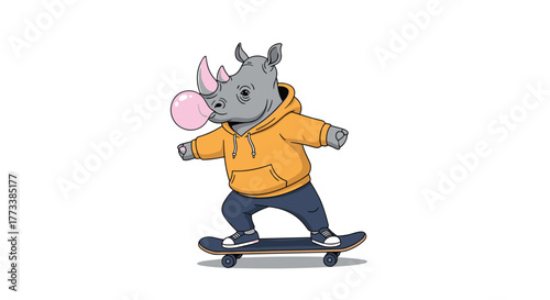 A cool cartoon rhinoceros in an orange hoodie and blue pants skillfully rides a skateboard while blowing a pink bubble gum bubble, showcasing urban style and youthful energy.