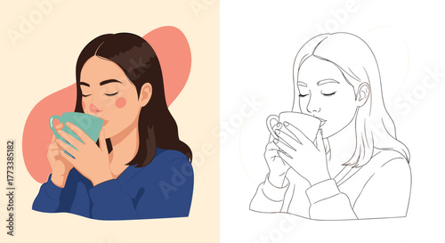 Illustrative vector art of a young woman with dark hair peacefully sipping a warm beverage from a turquoise mug, enjoying a cozy moment of comfort and relaxation.