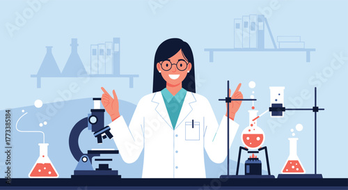A cheerful female scientist works in a well-equipped laboratory, surrounded by experimental apparatus and educational resources, symbolizing scientific research and education.