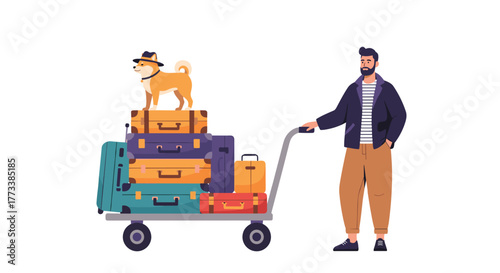 A stylish bearded man prepares for a trip, pushing a heavily loaded luggage cart topped with an adorable Shiba Inu dog wearing a hat.