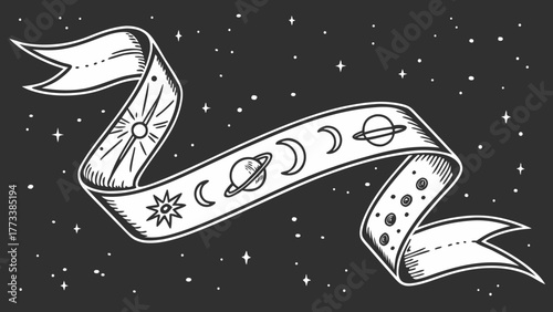 Explore celestial mysteries with this enchanting ribbon featuring the sun, moon phases, planets and stars creating a dreamy astrological design