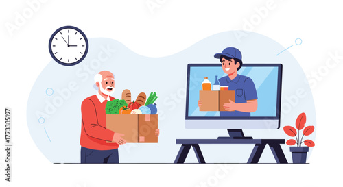 An elderly man receives a timely grocery delivery service at his home, with a friendly courier appearing on a computer screen, symbolizing convenient online shopping.