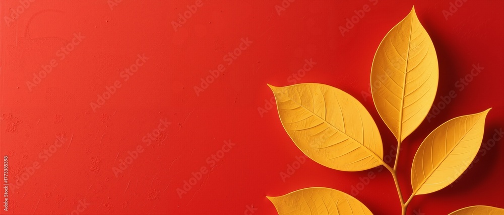 Fototapeta premium Golden leaves on a red background