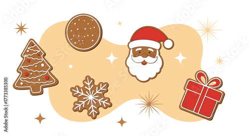 A cheerful collection of festive gingerbread cookies in various shapes, including a Christmas tree, Santa, snowflake, and gift box, celebrating the holiday season with sweet delight.