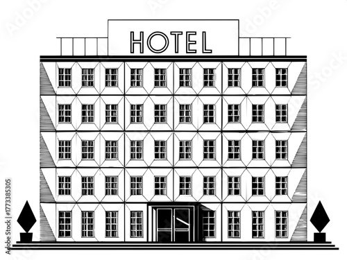 Geometric Hotel Facade Vector

A geometric, black-and-white vector depiction of a hotel facade from a frontal view. Sharp, clean edges and uniform window spacing. “HOTEL” written across the top in blo
