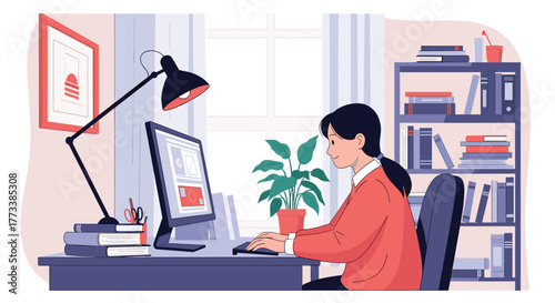 Young woman focused on her computer, working or studying from a cozy home office setup with books and a plant.