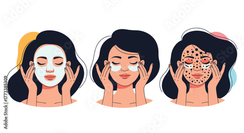 An illustrative depiction of three women engaging in various personalized skincare routines, applying a full face mask, under-eye patches, and targeted spot treatments for facial care.