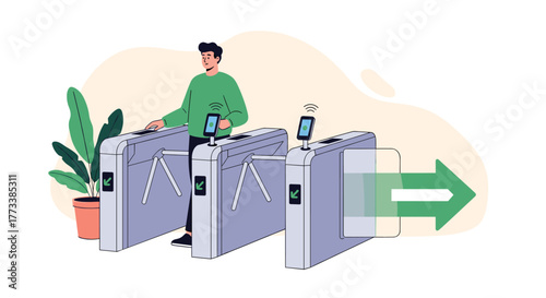A man uses his smartphone for contactless access at an automated turnstile, illustrating modern entry systems and smart security solutions.