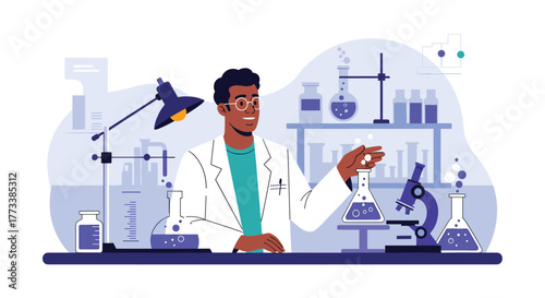 Smiling male scientist wearing glasses and a lab coat conducting an experiment with a flask in a modern laboratory, surrounded by scientific equipment.