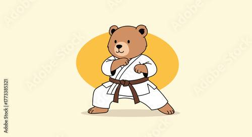 A charming cartoon bear, dressed in a white karate gi with a brown belt, demonstrates a focused martial arts stance against a soft yellow background.