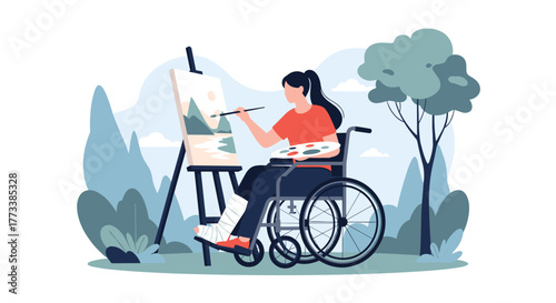 A resilient woman with a bandaged leg, seated in a wheelchair, expresses her creativity by painting a serene landscape on an easel outdoors.