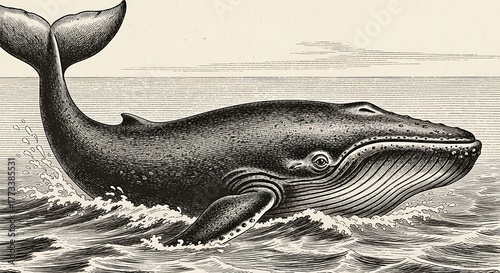 Vintage Illustration of a Humpback Whale Breaching the Ocean's Surface Marine Life Art