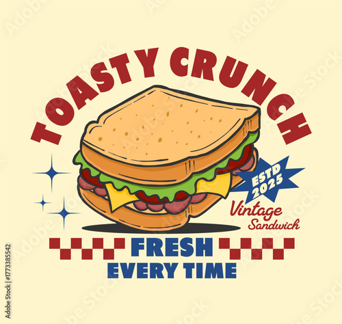 Retro style toasted sandwich illustration with vintage graphic design, perfect for T-shirt design, poster, sticker