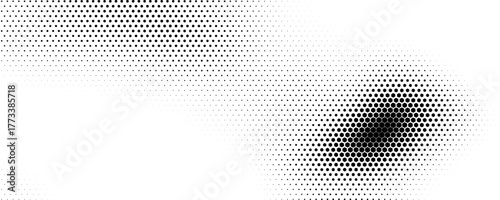 Hexagon halftone gradient texture. Abstract black grunge background. Retro geometric halftone tech overlay. Fading wavy hexagonal pattern background. Fading vector honeycomb grunge bitmap wallpaper.