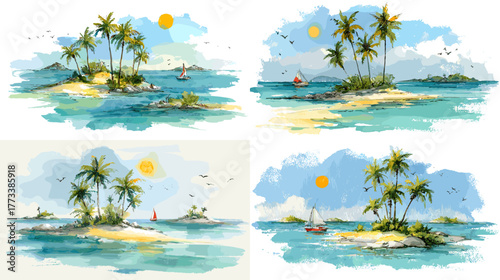 Beautiful tropical island watercolor illustration with palm trees, blue ocean, and boats. Summer paradise design perfect for travel posters, vacation art, and beach-themed projects.