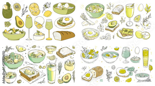 Illustration of healthy breakfast food with avocado, toast, eggs, and juice. Hand-drawn doodle style perfect for nutrition, organic food packaging, or wellness lifestyle designs.