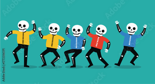 A lively troupe of five animated skeletons in a joyful dance, representing a cultural holiday celebration with festive spirit