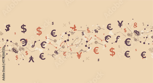 Global financial network concept with interconnected currency symbols illustrating international trade, digital banking, and the worldwide exchange of money against a soft, abstract background
