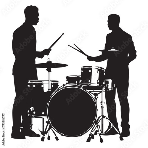 set of black drummer musician drumming drums vector silhouettes isolated on white background