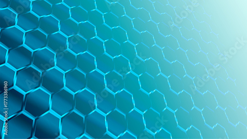 Abstract hexagonal mesh pattern in a dynamic teal and cyan gradient. The shiny, glossy surface and fading perspective suggest science and technology background.