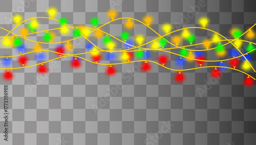 Colorful Holiday String Lights Background, Vector Glowing Garland on a Transparent Background, Bright Festive Light Decorations,, Vibrant Party or Celebration Lighting Element.