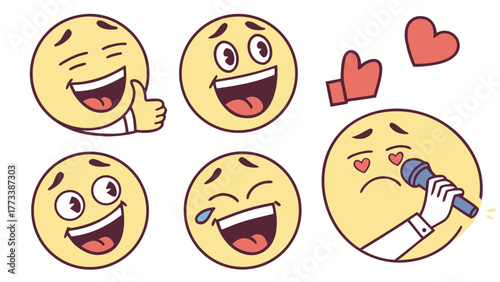Expressive cartoon emoji collection showcasing varied emotions like joy, laughter, love, and approval, ideal for social media or online communication