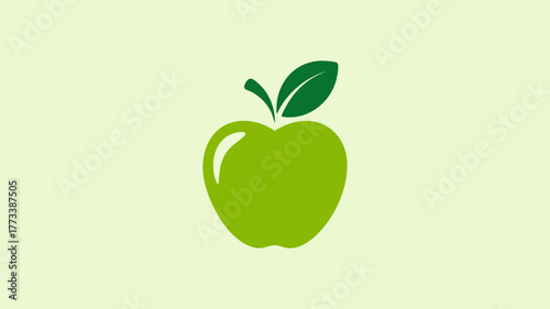 Minimalist green apple icon with a single leaf on a light green background.
