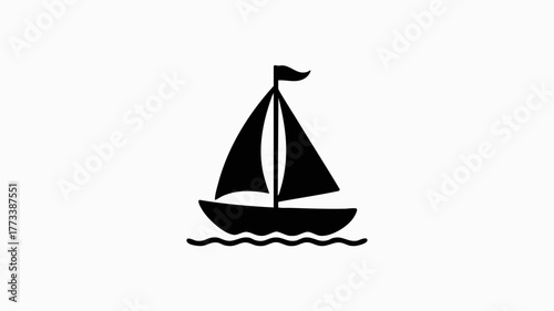 A simple black silhouette of a sailboat with a flag on a white background.