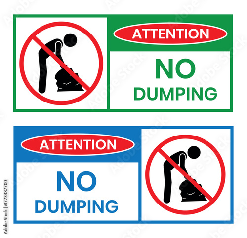 Attention no dumping sign with person carrying trash bag symbol prohibiting illegal waste disposal. Attention no dumping  logo, label, sign, badge, symbol, banner, line, flat vector.