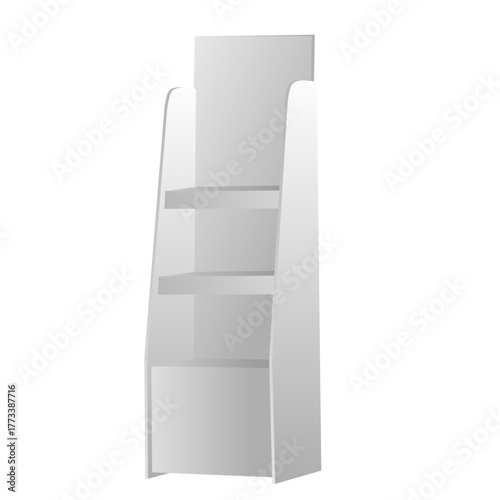 Empty white retail product shelves for supermarket gondola mockup Supermarket display shelves or grocery store shelves