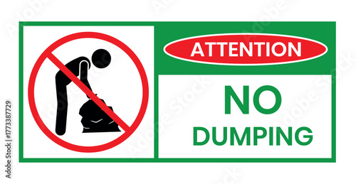 Attention no dumping sign with person carrying trash bag symbol prohibiting illegal waste disposal. Attention no dumping  logo, label, sign, badge, symbol, banner, line, flat vector.