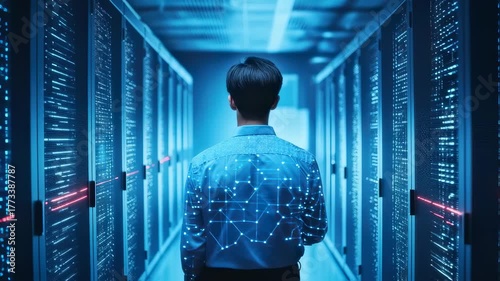 Navigating the Server Room: Data Center Engineer Inspecting Hardware and Security Systems