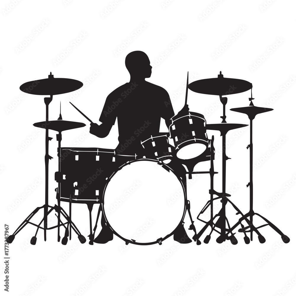 Fototapeta premium set of black drummer musician drumming drums vector silhouettes isolated on white background