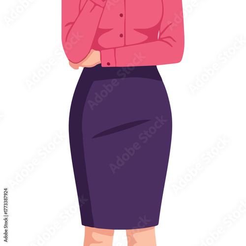 Illustration of a professional woman in a pink shirt and purple pencil skirt, business fashion, elegant style